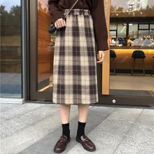 JuneLove женские зимние эластичные миди юбки винтажные Женские клетчатые прямые юбки Повседневные уличные женские юбки с высокой талией
