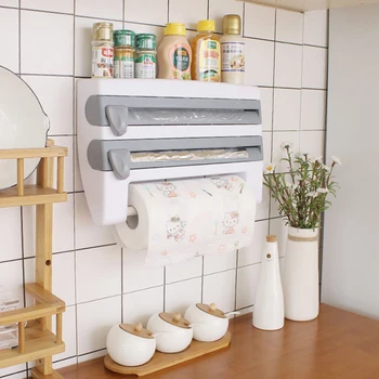 

AliBeans Wall-Mount Paper Towel Holder Sauce Bottle Rack 4 In 1 Cling Film Cutting Holder Mutifunction Kitchen Organizer