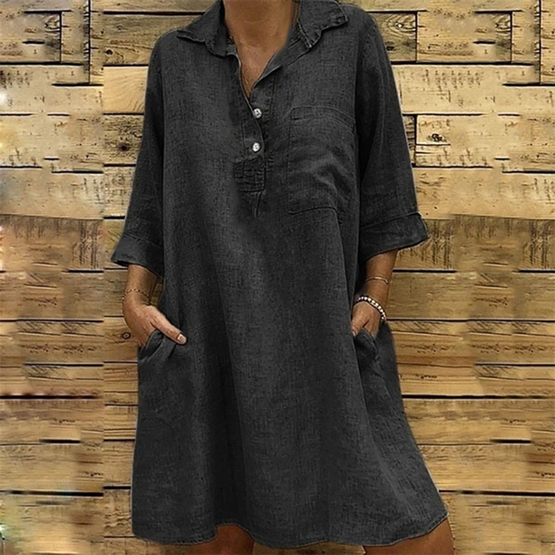 Большой плюс размер! женское однотонное платье Boho с отложным воротником 3/4 рукав Повседневное платье с карманами на пуговицах Vestido