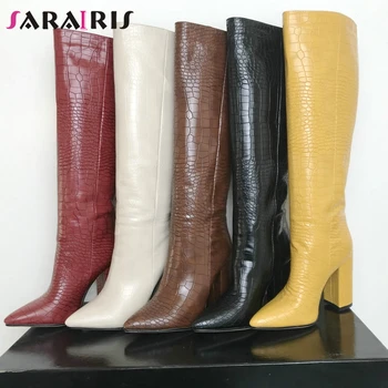 

SARAIRIS Big Size 34-43 New Fashion Pointed Toe Lady Party Ol Sexy Boots Women High Heels Boots Fretwork Slip On Shoes Woman