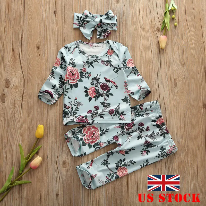 UK/комплект из 3 предметов; футболка с цветочным рисунком для маленьких девочек; Топы+ штаны+ повязка на голову; комплект одежды для девочек; одежда с цветочным рисунком