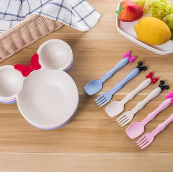 

Wheat Straw Baby Dinner Bowl children cartoon tableware set kid dinner plate baby training Bowl spoon fork for dropping opp pack