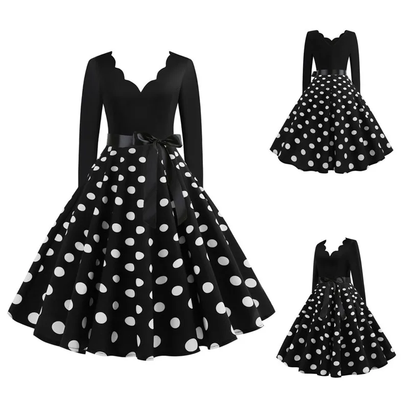JY14645--(DeepVNECK) Белое платье в горошек, женское винтажное платье с длинным рукавом, готическое весеннее зимнее Новогоднее платье для вечеринок, большие размеры 3XL, черное платье - Цвет: JY14645--(DeepVNECK)