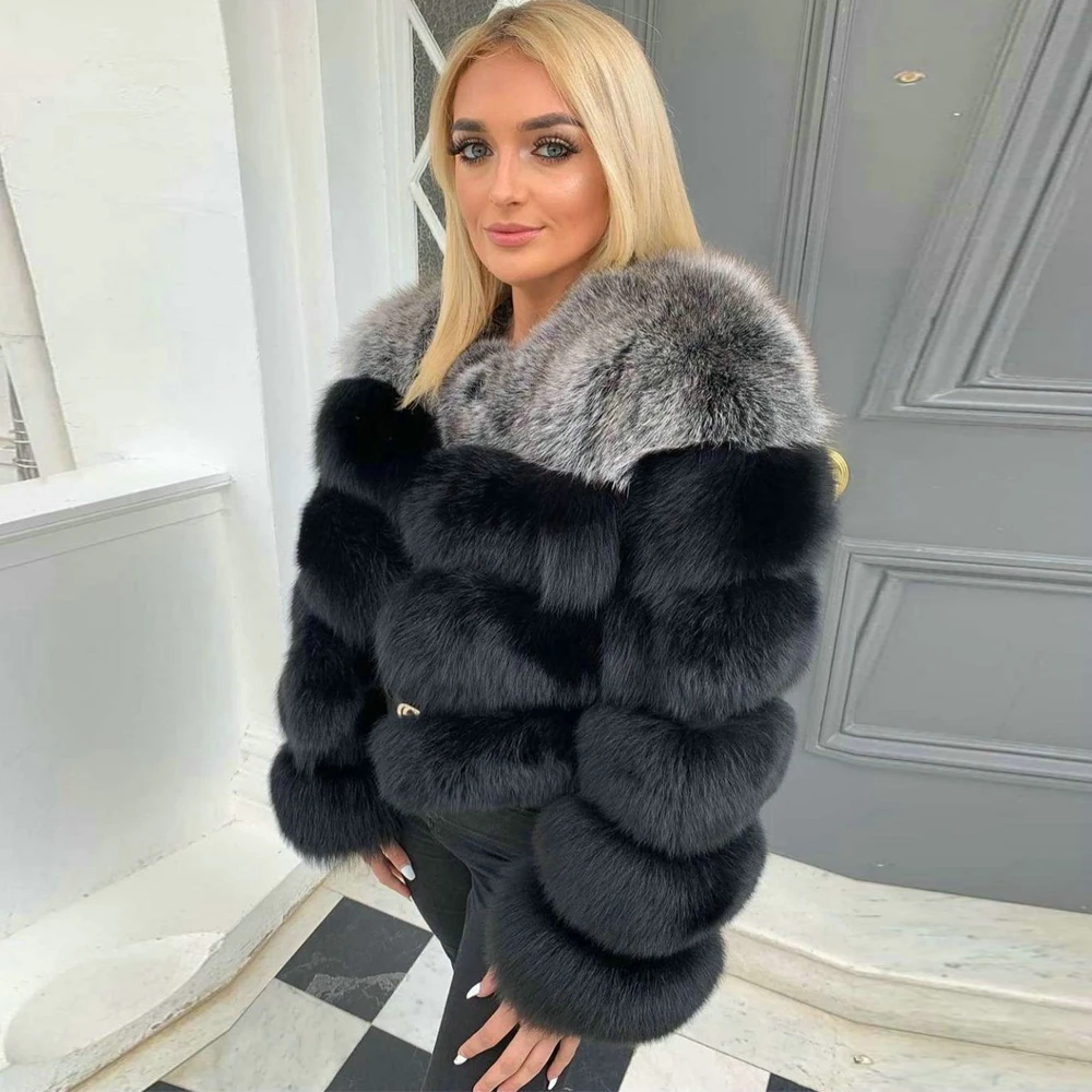 Женская модная блестящая куртка из натурального Лисьего меха с круглым воротником