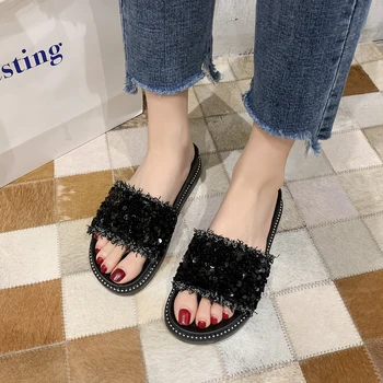 

Slippers Casual Shoes Summer Clogs Woman Slipers Women Flock Beige Heeled Sandals Med Slides Platform Luxury Beach 2020 Black