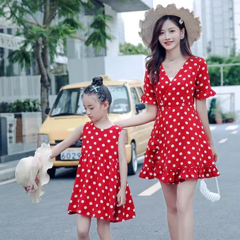 

Summer Mommy and Me Matching Dress Mother Daughter Dresses Clothes Red Dots Women Dress Mum Sister Baby Girl Kids Child Outfits
