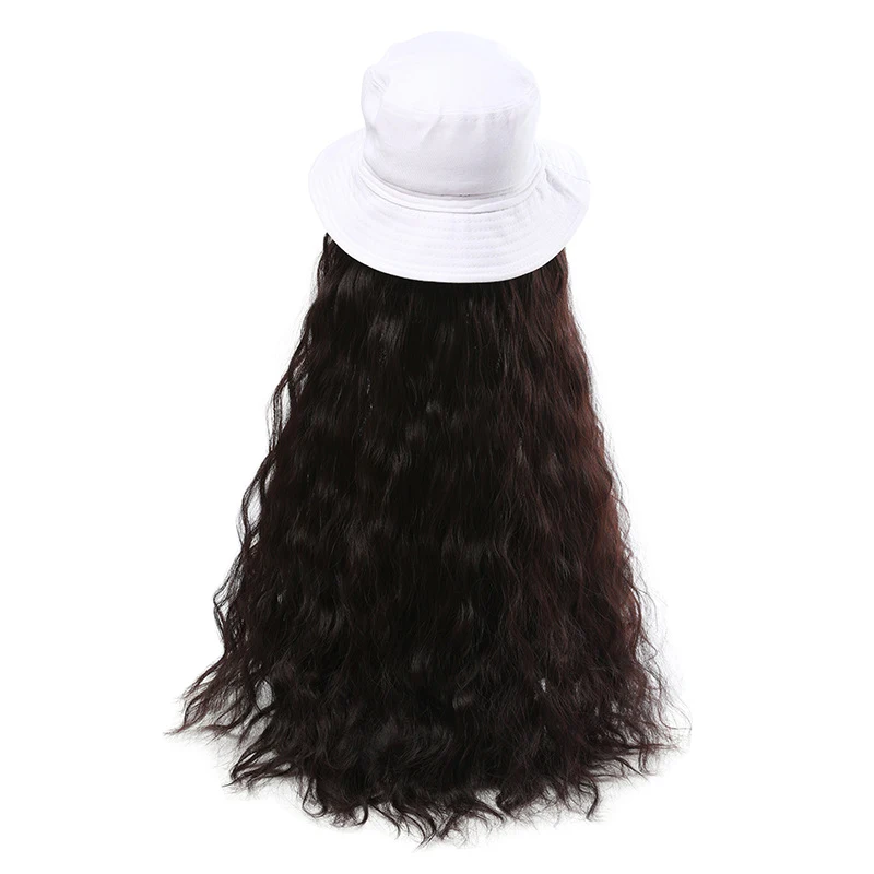 

Hat Wig One Summer Outdoor Hat Wig Wavy Hair with Hat Wig Hair Extension Long Synthetic Wig with Hat-White Hat Noodle Roll(Dar