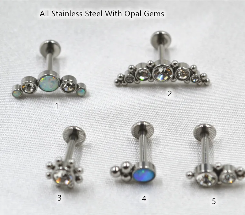 Lot50Pcs Body Jewelry -New Opal Stone 16G Lip Labret Ring Bar Monore Studs Piercing Ear Helix Diath Cartilagine Bar