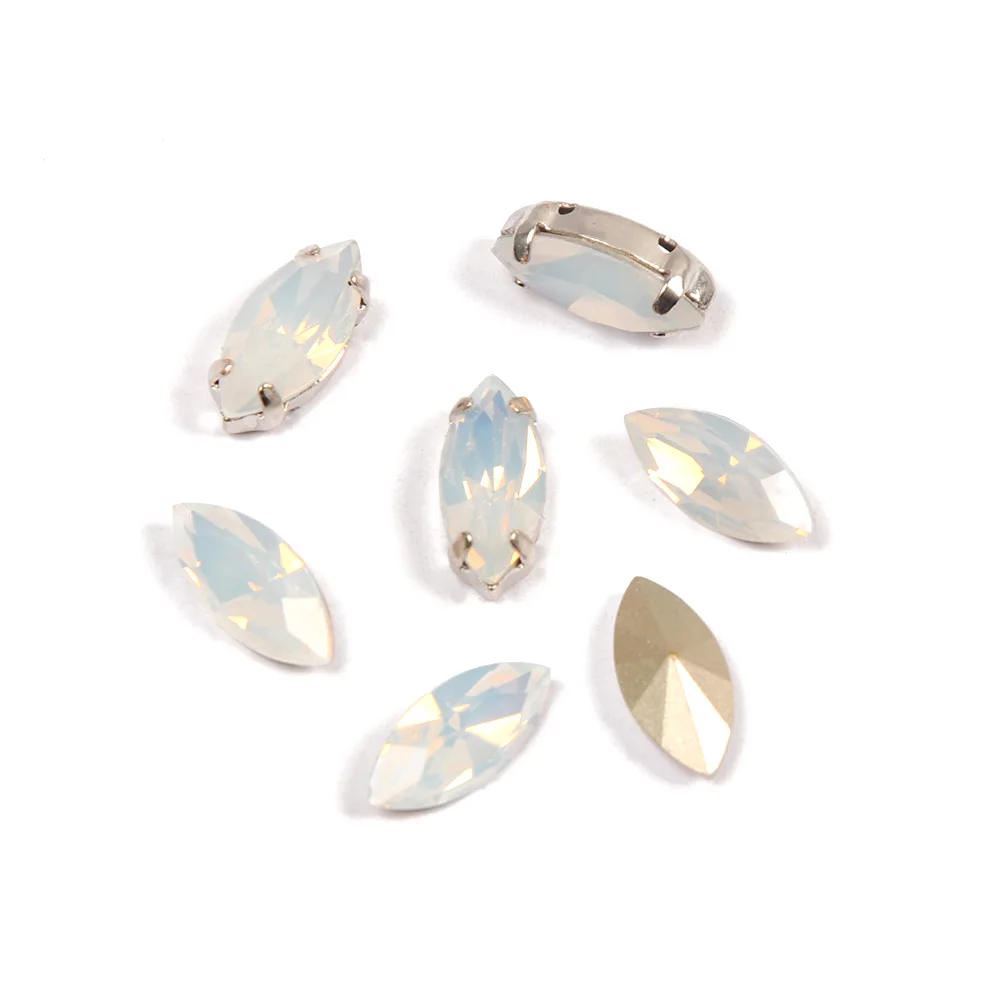Navette Weißer Opal K9 Glas Aufgenähte Strasssteine mit Silberbasis und Krallenfassung, Pferdeaugensteine für DIY-Kleidung, Sportanzüge und Accessoires – Detail 6