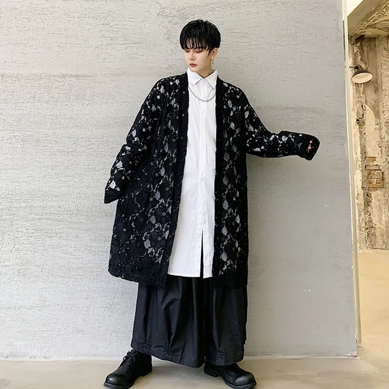 

Men Embroidery Lace Loose Casual Long Cardigan Trench Jacket Male Women Streetwear Gothic Japan Kimono Windbreaker Coat