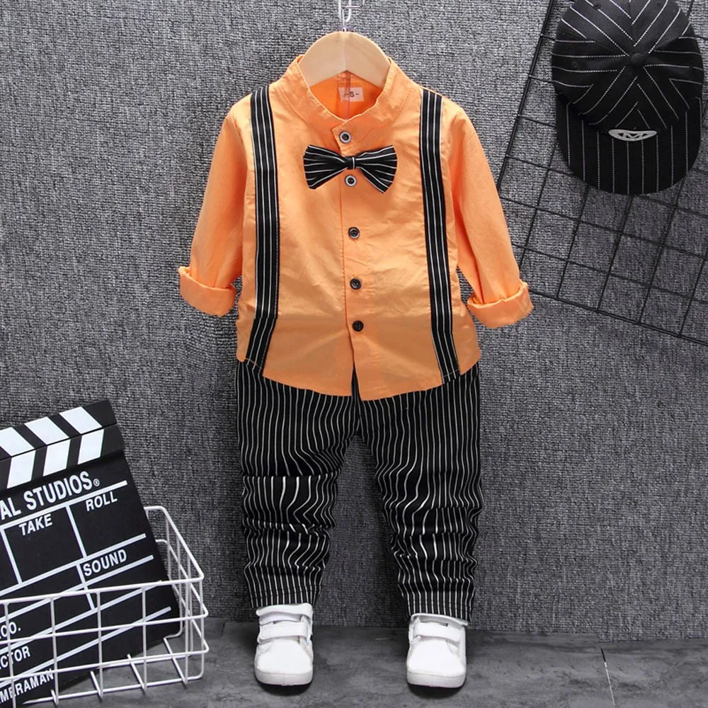 

2019 autumn spring Toddler Baby Boys Solid Bow Tie Shirt Tops Stripe Pants Trousers Outfits Set vetement enfant garcon W812