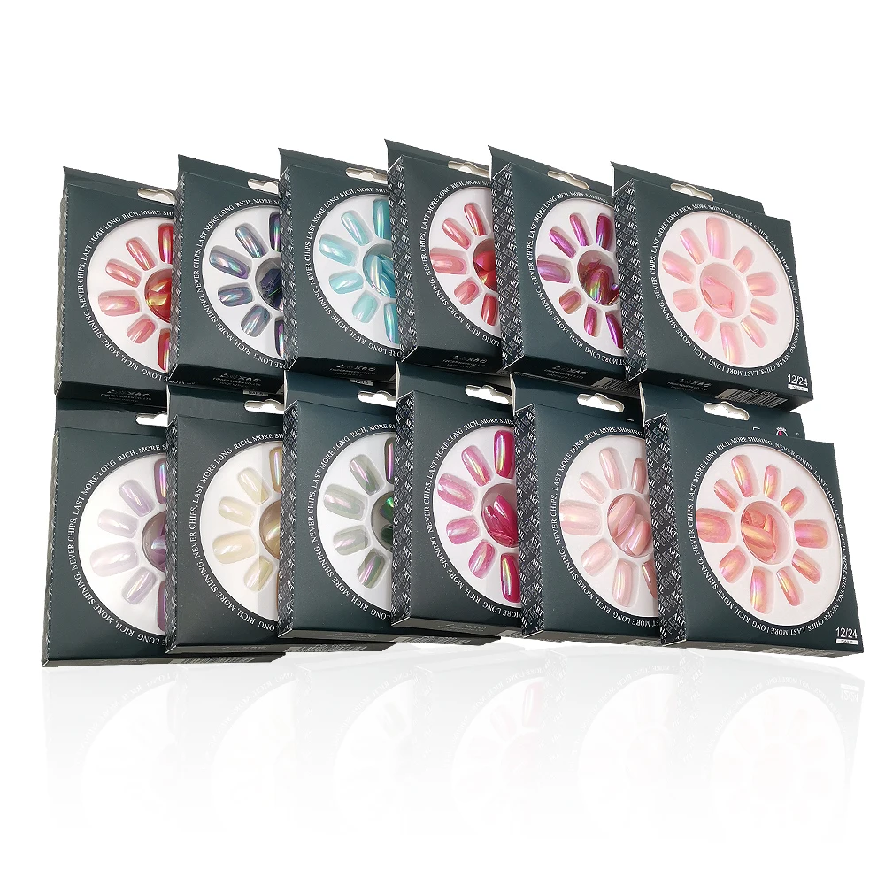 

With Adhesive Stickers 24Pcs Creative Designs 12 Color Fake Nails Tips Nail Art Decoration Manicure AB Plated False Nail Tips