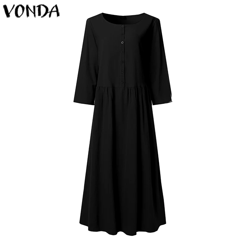VONDA, женское винтажное платье, повседневное, свободное, сарафан, лето, рукав 3/4, до середины икры, платье для офиса, для девушек, Vestido, вечерние платья размера плюс - Цвет: Черный