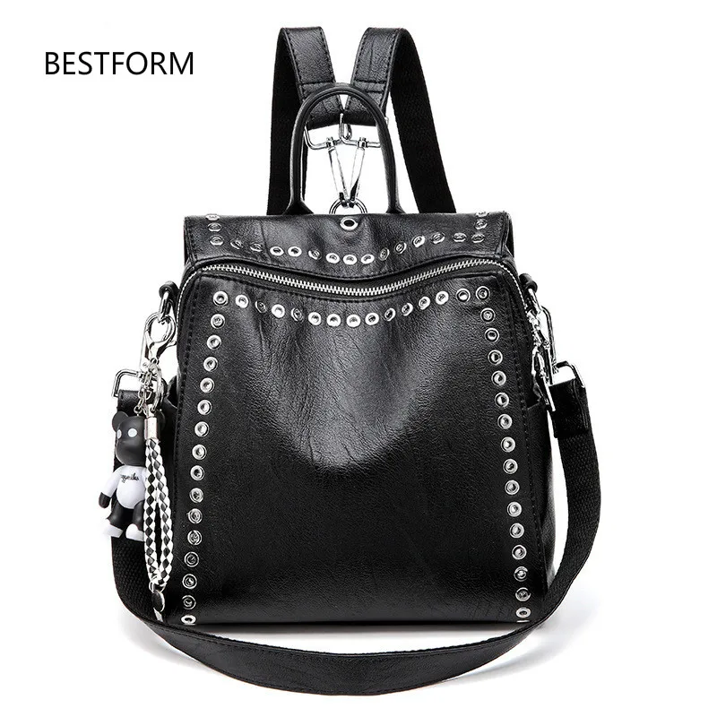 

2020 New Women Leather Backpack Rivet School Bags For Teenage Girls Fashion Female Bagpack Schoolbag Black Channels Knapsack