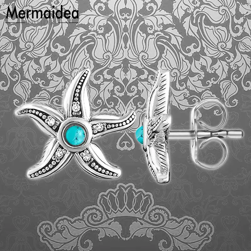 Ear Stud Ethnic Starfish silver plated Fashion Jewelry Trendy CZ Gift For Women Girls 2020 New Blue Stone Earrings | Украшения и