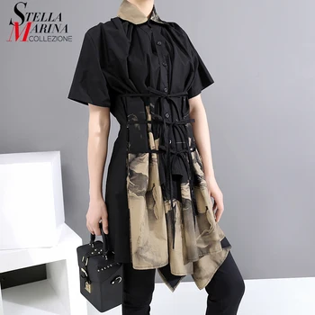 

New 2020 Woman Korean Style Black A-Line Blouse Shirt Printed Strings Wrap Lady Unique Blusas Feminine Shirt chemise femme 6355