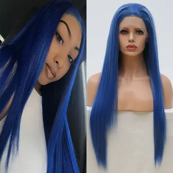 

Bombshell Silky Straight Synthetic 13*3 Lace Front Wig Blue Heat Resistant Fiber Hair Natural Hairline Free Part For Women Wigs