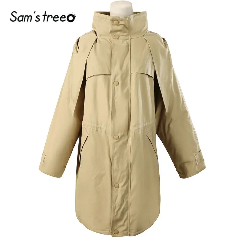 SAM'S TREE, черные одноцветные, с узелком вырезом, Женское пальто, зима, хаки, чистый, однобортный, свободный, Повседневный, офисная, женская верхняя одежда