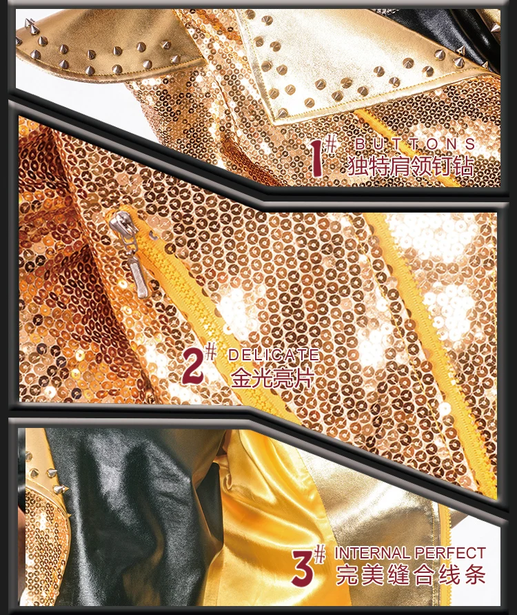 В стиле панк для мужчин Куртка Tide Gold Sequins заклепки Тонкий Пальто бар певец из ночного клуба рок танцевальный сценический костюм шоу крутые куртки