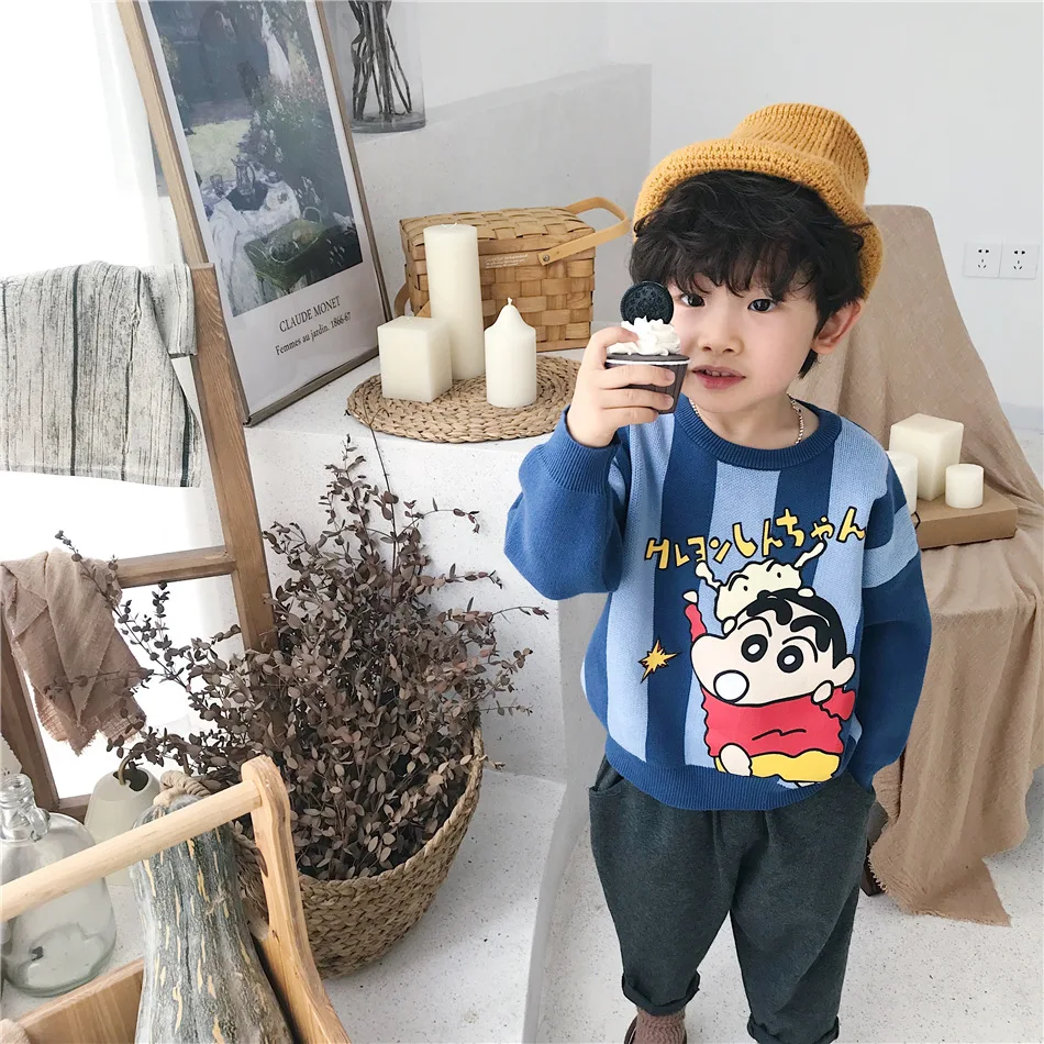 Tonytaobaby/новая осенне-зимняя одежда для мальчиков и девочек; детская одежда; свитер из чистого хлопка в полоску с рисунком; детские свитера