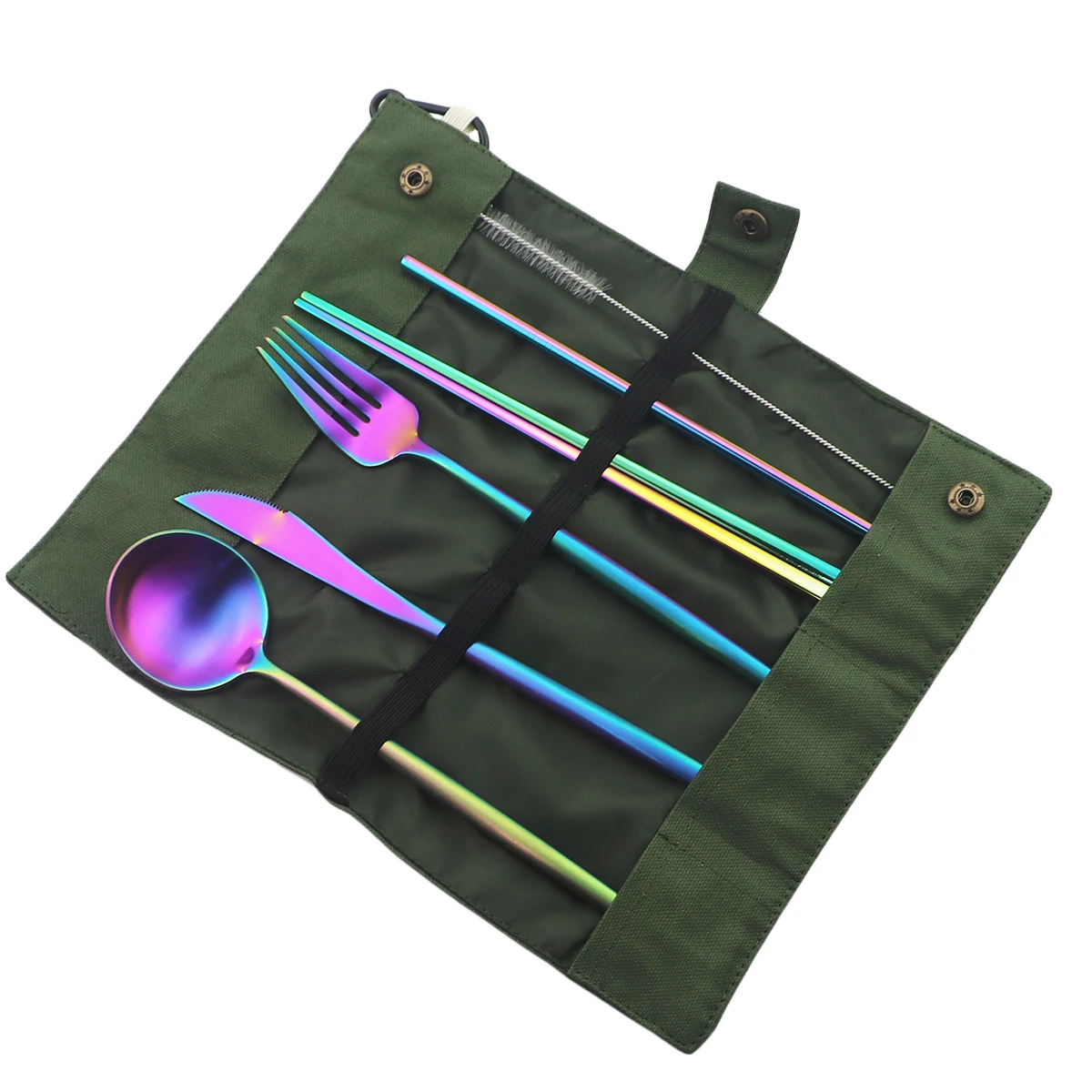 Green C Bag Rainbow Красочный портативный набор столовых приборов для хранения путешествий Набор ножей вилка ложка палочки для еды набор соломинок пикники офисы посуда для барбекю - Цвет: Green C Bag Rainbow