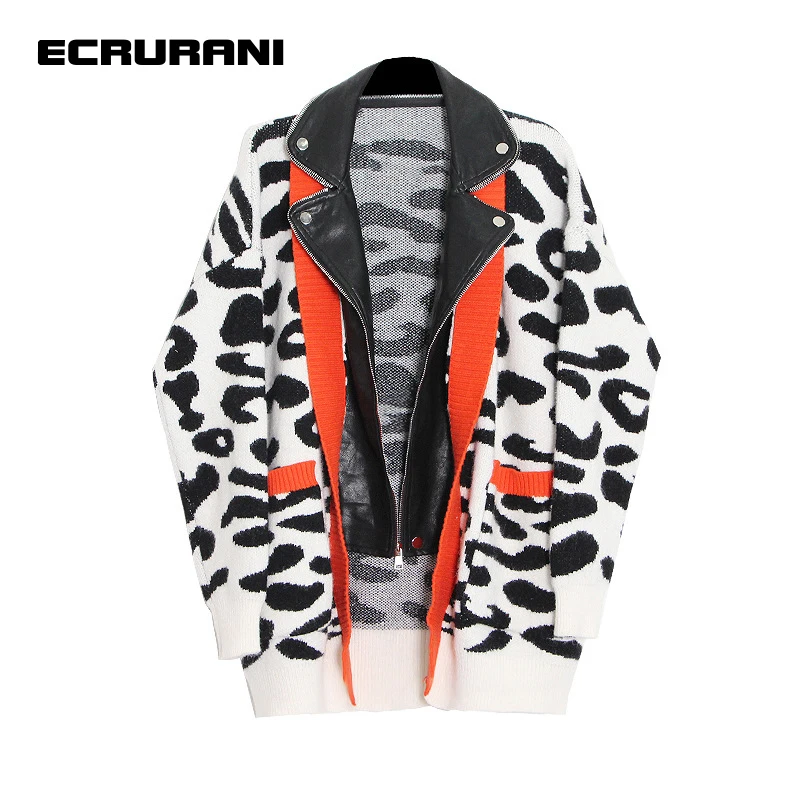 

ECRURANI Knitting Sweaters For Women Lapel Long Sleeve Hit Color Loose Leopard Cardigans Females Fashion Clothing 2021 New Style