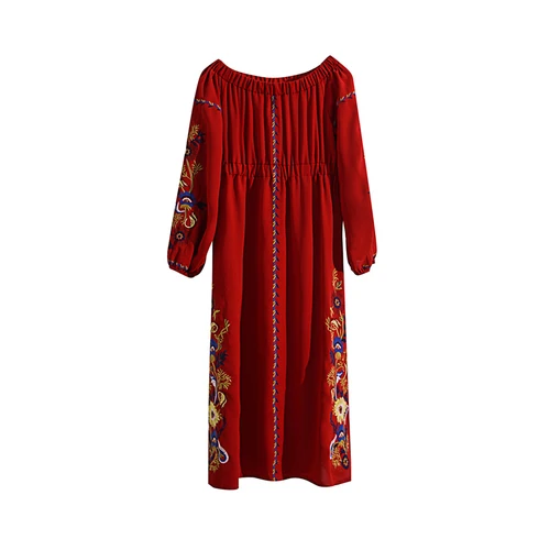 Винтаж шикарные женские цветочные emberoidery сексуальное платье с открытыми плечами, Пляжное богемное длинное платье Дамское, летнее, богемное платье vestidos - Цвет: red