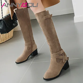 

ANNYMOLI Zip Knee High Boots High Heel Woman Boots Rivet Block Heel Long Boots Round Toe Lady Shoes Autumn Winter Black Size 43