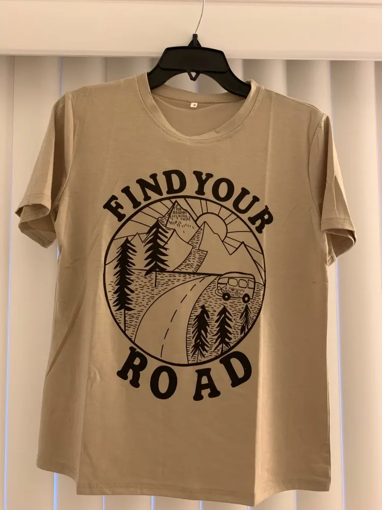 

2019 Women Graphic T-Shirt Summer Short Sleeve Find Your Road Print 90s Aesthetic Femme tshirt Vogue Light Khaki Kawaii Tops Tee