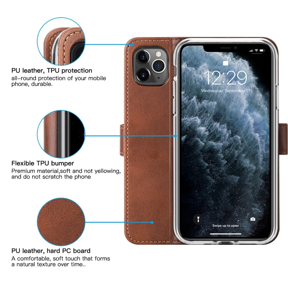Чехол из натуральной кожи для iPhone 11 Pro, чехол-книжка с откидной крышкой и подставкой для карт, Магнитный чехол-книжка для iPhone 11 Pro 5,8 дюймов