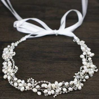 

NPASON Charm Headbands Pearl Rhinestone Long Bridal Hairbands Headdress Wedding Hair Accessories Bride Tiara Headpiece