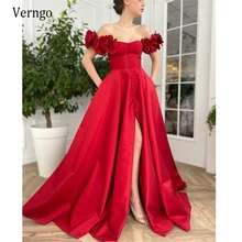 

Verngo New Design 2021 Red Satin A Line Evening Dresses Off the Shoulder 3D Flowers Short Sleeves Buttons Front Side Formal Gown