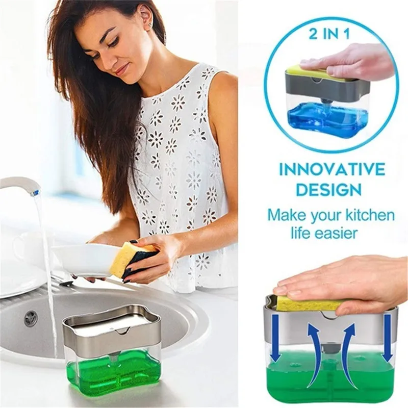 Smoke//Black mDesign Soap Dispenser Pump with Sponge and Scrubber Caddy Organizer for Kitchen Countertops