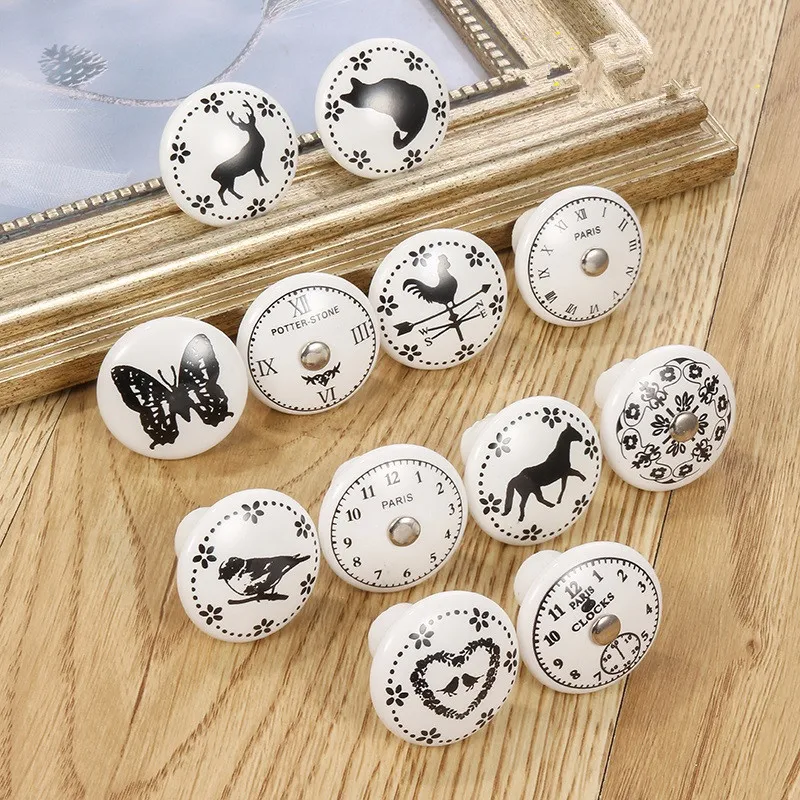 animal Clock Printed White Ceramic Porcelain Pull Handle Knob for kid room Kitchen Door Cabinets Cupboard Round Knobs Handles |