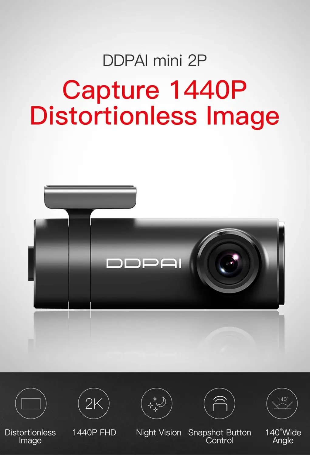 Автомобильный видеорегистратор DDPai Mini2s без искажений 2K Ultra HD 1440P широкий