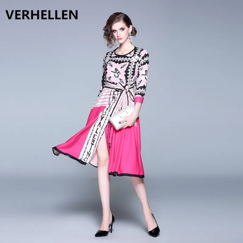 

VERHELLEN High Quality Fashion Designer Runway Dress 2019 Autumn Women's 3/4 Sleeve Letter Printed Split Elegant Casual Dress