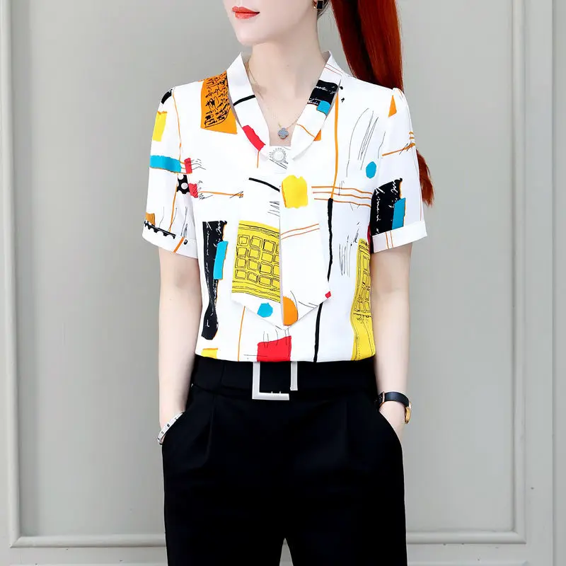 

Fashion Chiffon Short Sleeve Bow-Knot Blouses Shirts Asymmetry Short Sleeve Temperament Tops Women BlusasMM0204