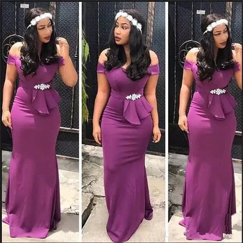 

Shiny Beads Rhinestone Purple Mermaid Bridesmaid Dresses 2020 Hot Off Shoulder Women Vestidos Long Prom Dress Wedding Party Gown