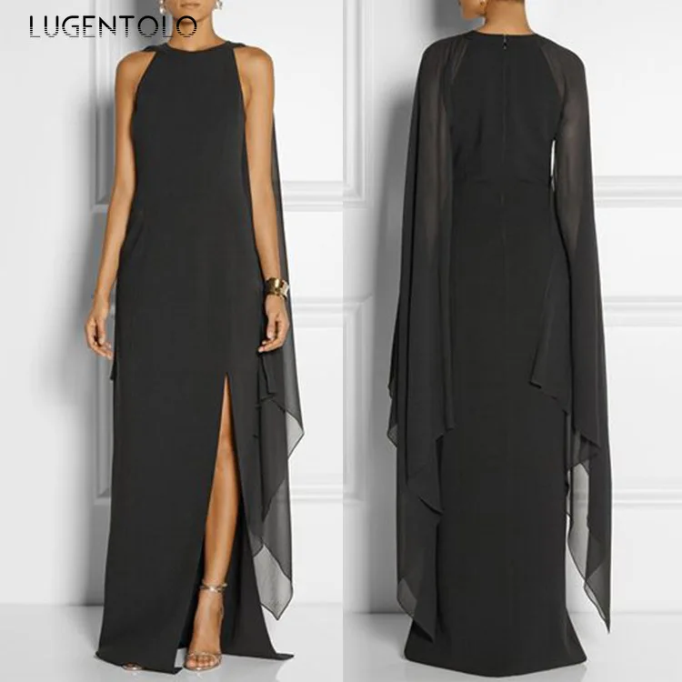 Lugentolo Women Dress Elegant Party Queen Temperament Chiffon Bat Sleeve Lady Dinner Solid Color Loose Sexy Split Long Dresses | Женская