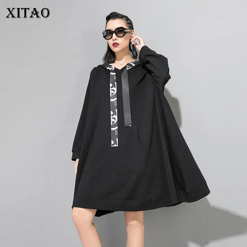 XITAO Tide/Черное мини-платье с асимметричным принтом, женская одежда, модное индивидуальное платье с капюшоном и воротником, простое осеннее платье GCC1427