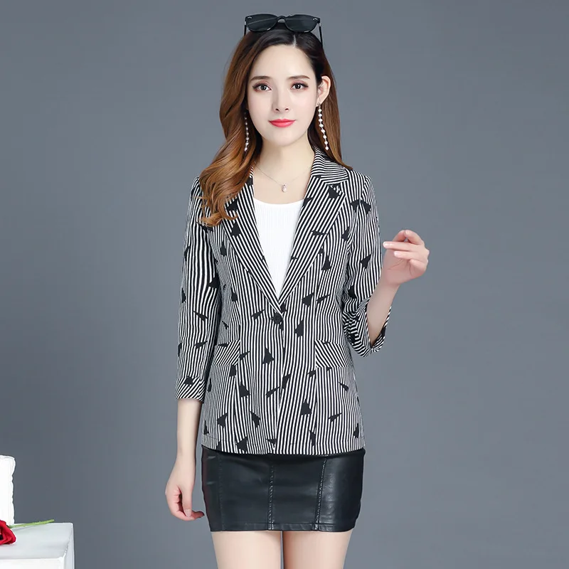 

2019 New Style Suit Jacket Women's Early Autumn Thin Three-quarter-length Sleeve Stripes Printed Career Ol Suit