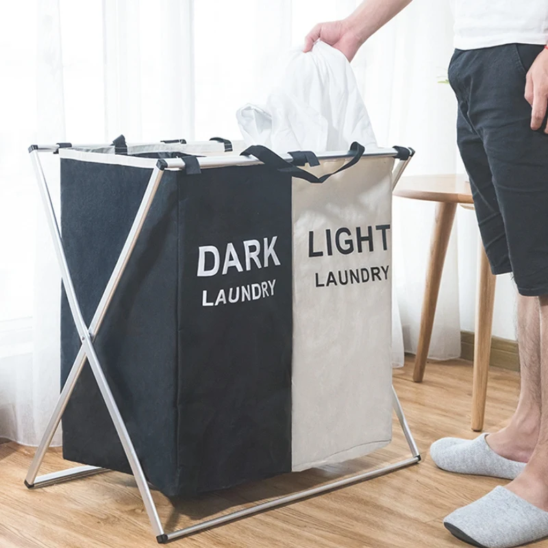 Hot Laundry Basket Two Grids Dirty Clothes Storage Basket Organizer Basket Collapsible Waterproof Folding Large Laundry Hamper-B