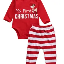 Emmababy; Рождественская Одежда для маленьких мальчиков и девочек; комплект из 2 предметов; Детский комбинезон с надписью «My First Christmas»+ штаны в полоску; одежда