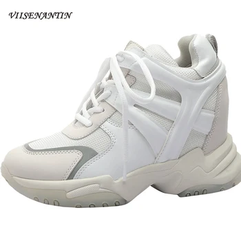 

Star Same Real Leather Colorful Luminous White Women's Height Increase Spoprt Daddy Shoes Flat Platform Wedges Casual Sneakers