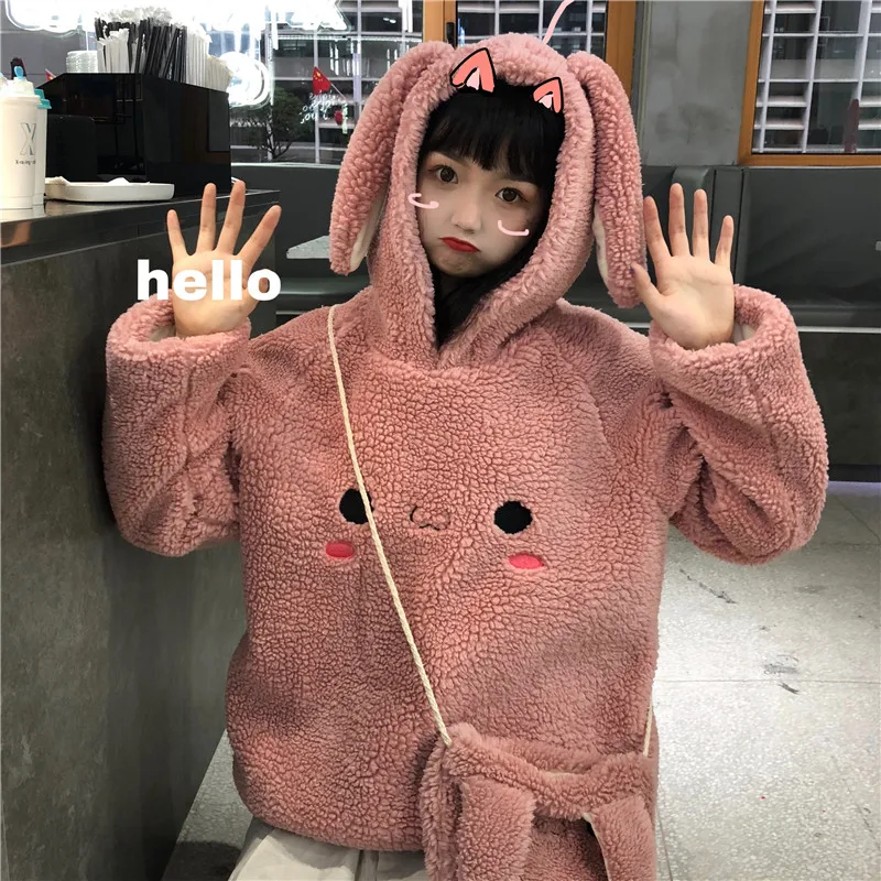Корейские милые Мультяшные уши овечья шерсть толстовка женская плюшевая
