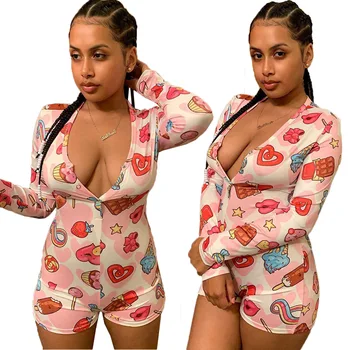 

Summer Autumn Women Jumpsuit Bodycon Playsuit Bodysuit Overalls Rompers Plus Size Candy Print Long Sleeve V Neck Sexy Jumpsuits