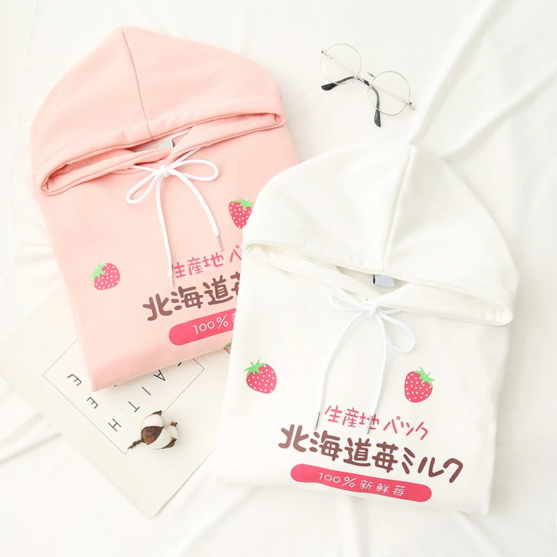 Fall Winter Hoodies Women Kawaii Japanese Strawberry Milk Letter Print Harajuku Sweatshirt Girls Long Sleeve Fleece Hooded Top
