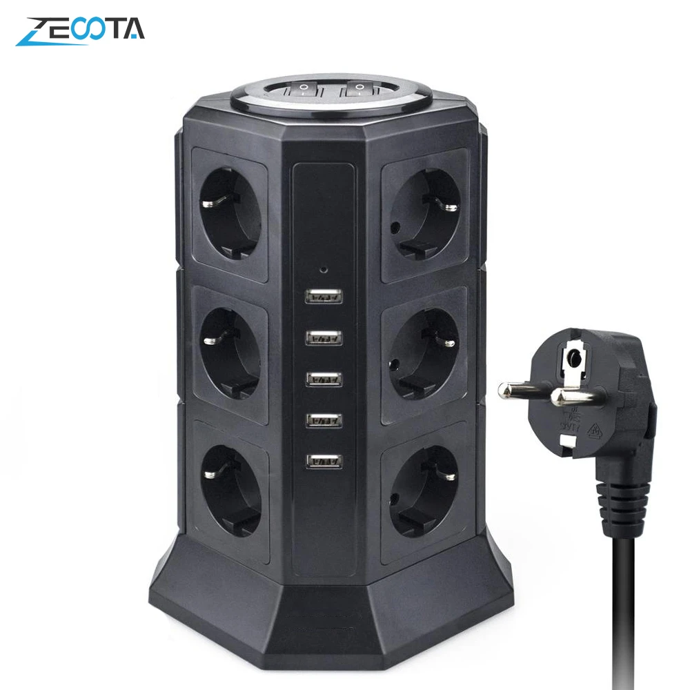 Vertical Tower Desktop Socket 12AC EU Socket Plug 5USB Power Strip Overload//Surge Protector Multi Extension Socket 2M Cord