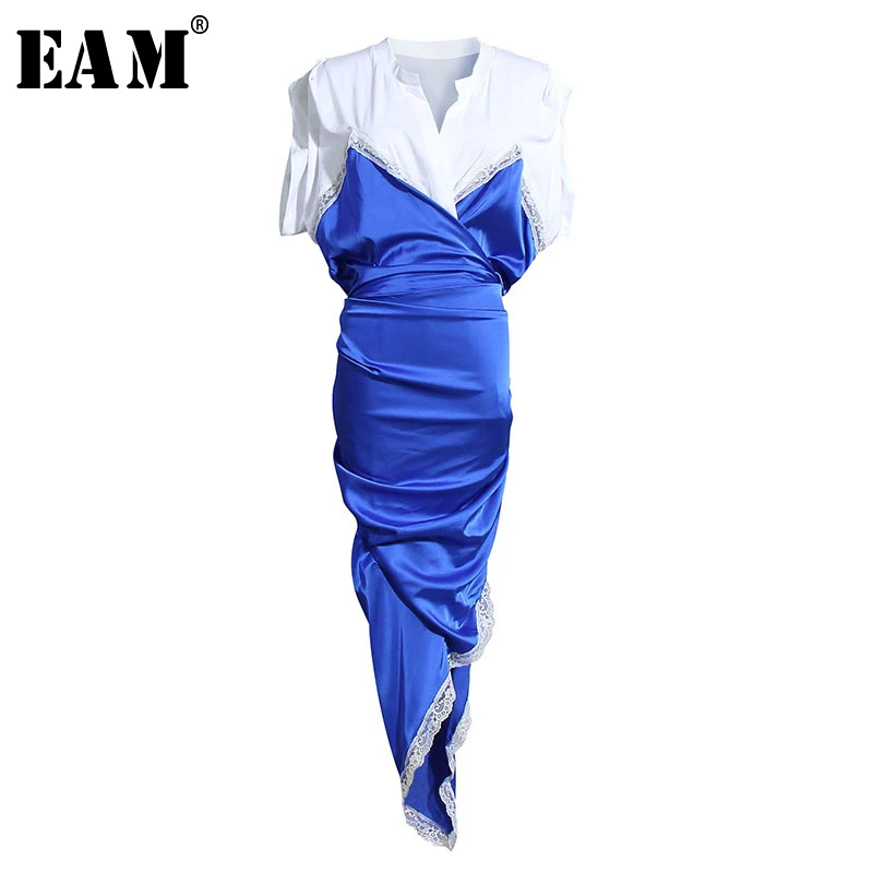 [EAM] Women Blue Irregular Split Joint Temparment Dress New V-Neck Short Sleeve Loose Fit Fashion Tide Spring Summer 2020 1U315