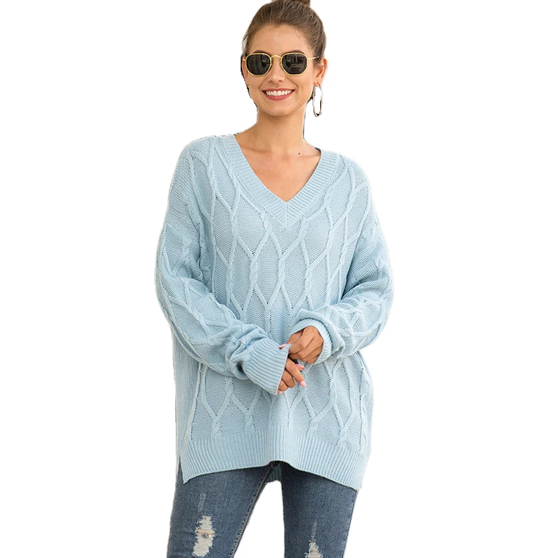 

2020 New Products Women's Diamond Check Sweater Women Twisted Twist V-neck Split Pullover Sweater Woman Sweaters Casual